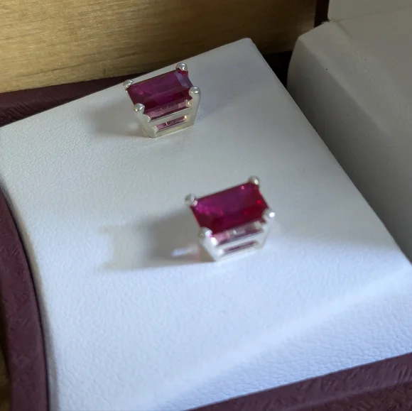 Lab Created Emerald cut Ruby studs in sterling silver - Picture 3 of 5